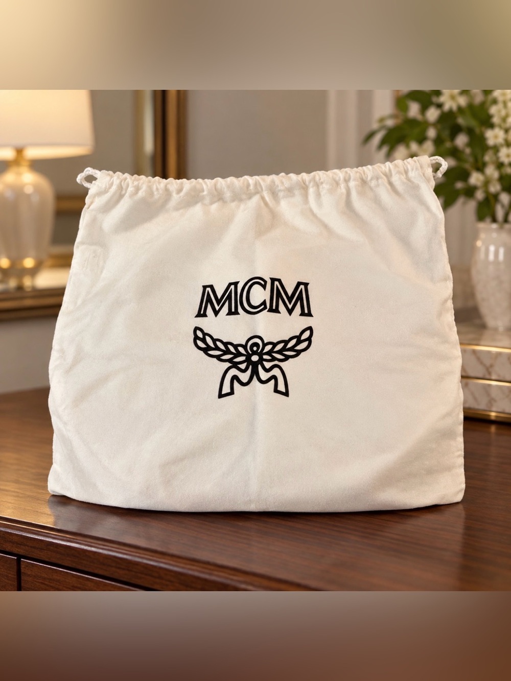MCM White Drawstring Dust Bag with Black Logo | Approx. 14” x 12”